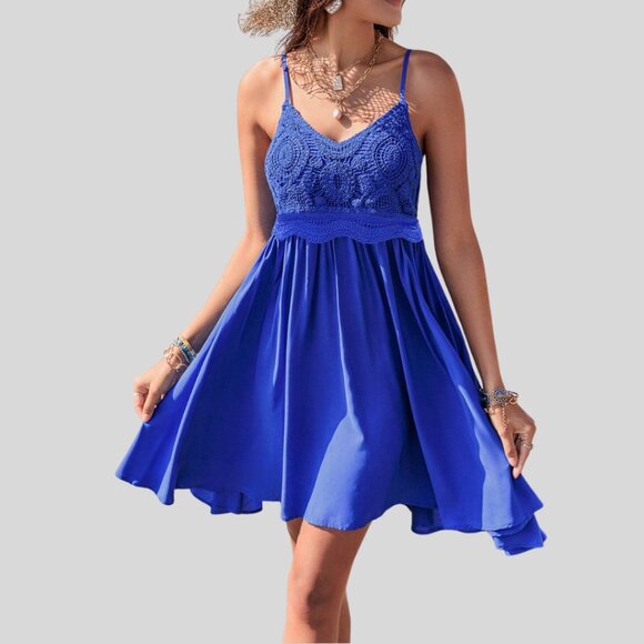 Boho Contrast Lace Dress Blue - Picture 2 of 6